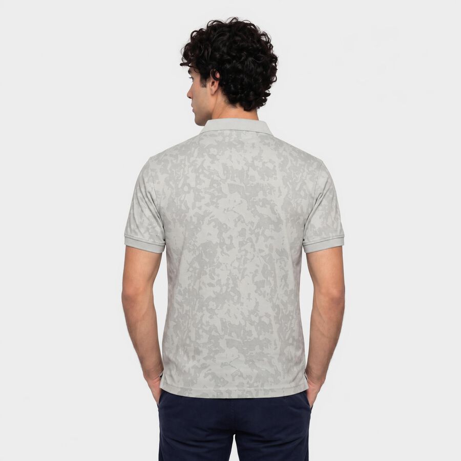Men's Grey Cotton Polo Neck Abstract Printed T-Shirt, हल्का ग्रे, large