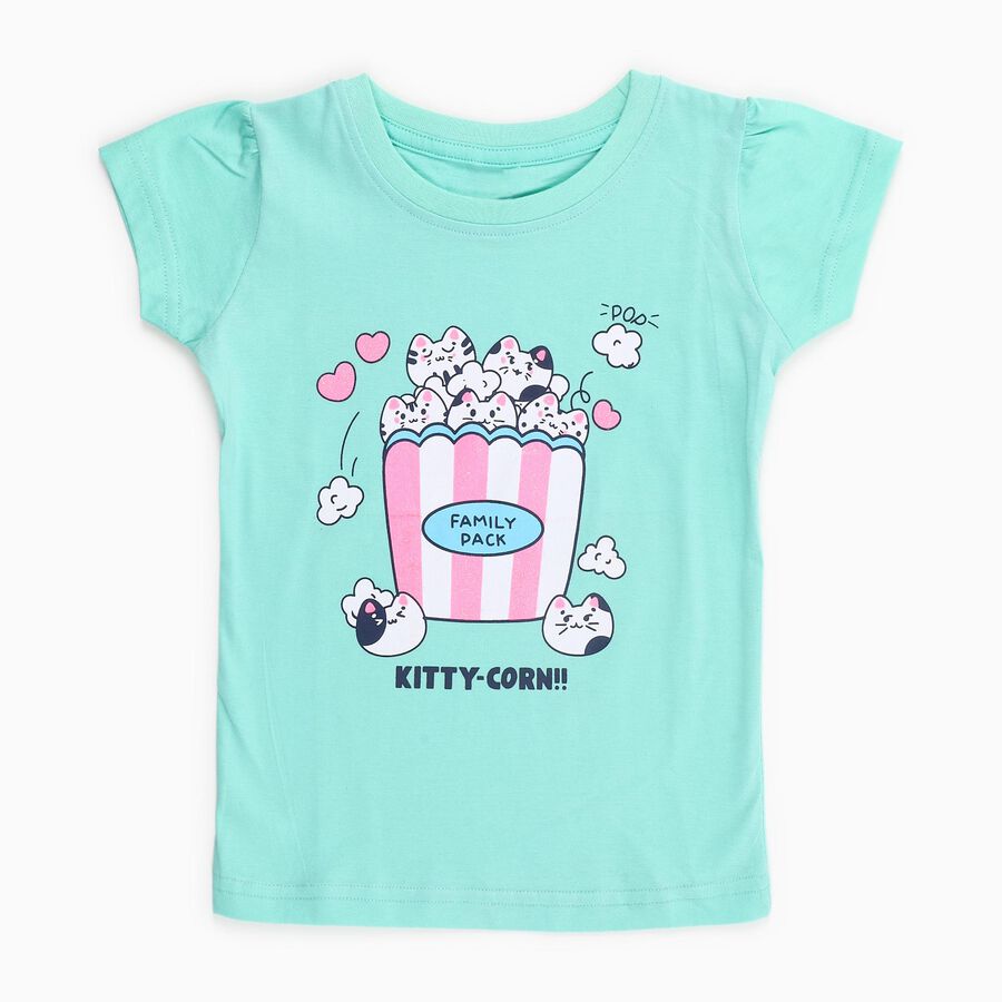 Girls Light Mint Green Cotton Round Neck Casual T-Shirt, हल्का हरा, large image number null