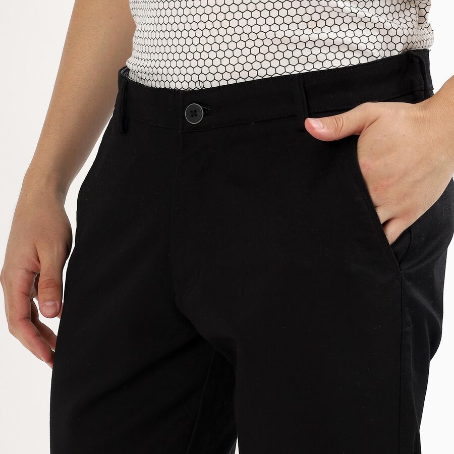 Men's Jet Black Slim Fit Flat-Front Casual Trousers, काला, large