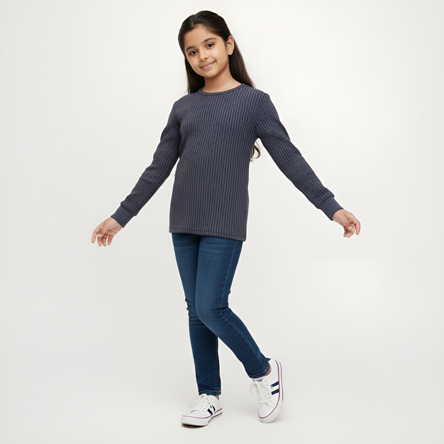 Girls' Muted Midnight Blue Round Neck Thermal, Melange Blue, large image number null