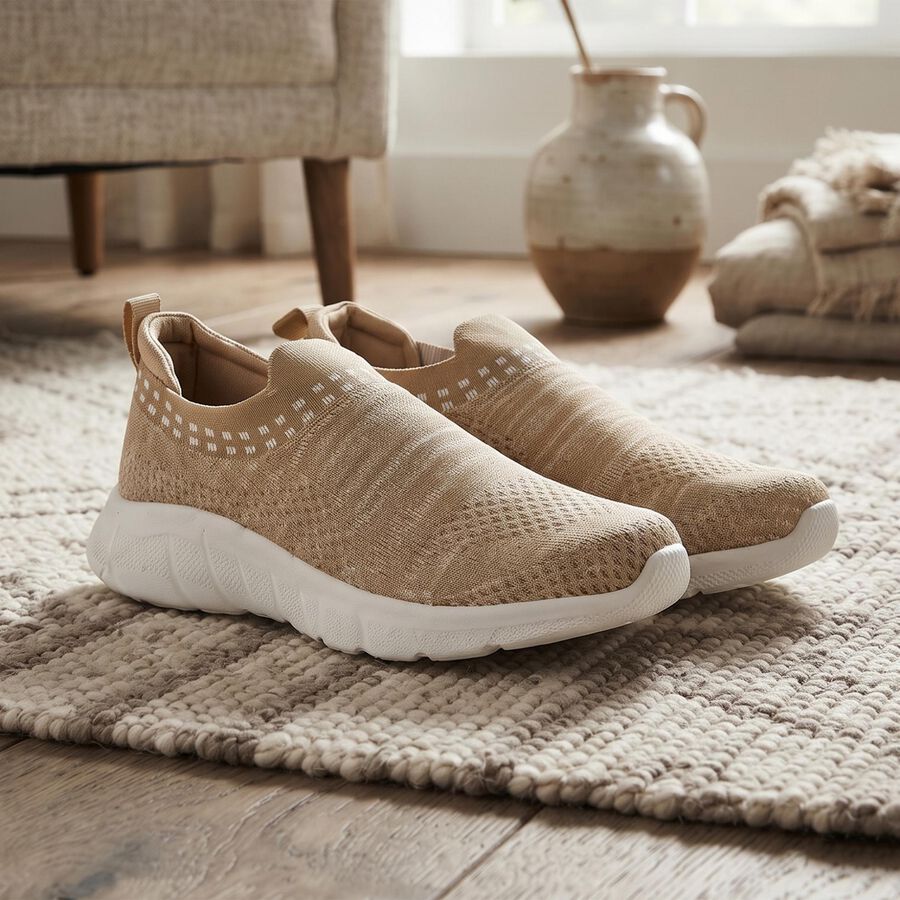 Women's Beige Slip-On Casual Sneakers, Beige, large