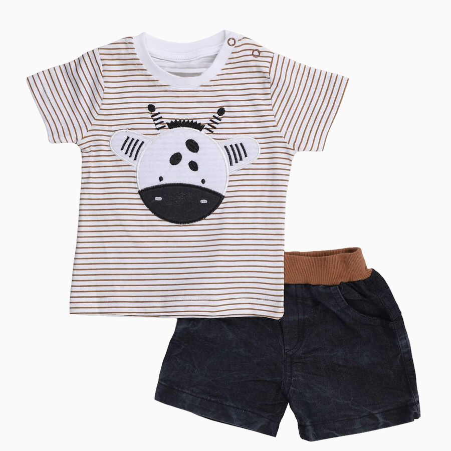 Infants' Beige Cotton Round Neck Embroidered Baba Suit, गहरा पीला, large