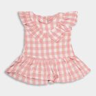 Girls' Light Pink Checkered Ruffled Round Neck Frock, Light Pink, small image number null