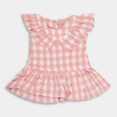 Girls' Light Pink Checkered Ruffled Round Neck Frock