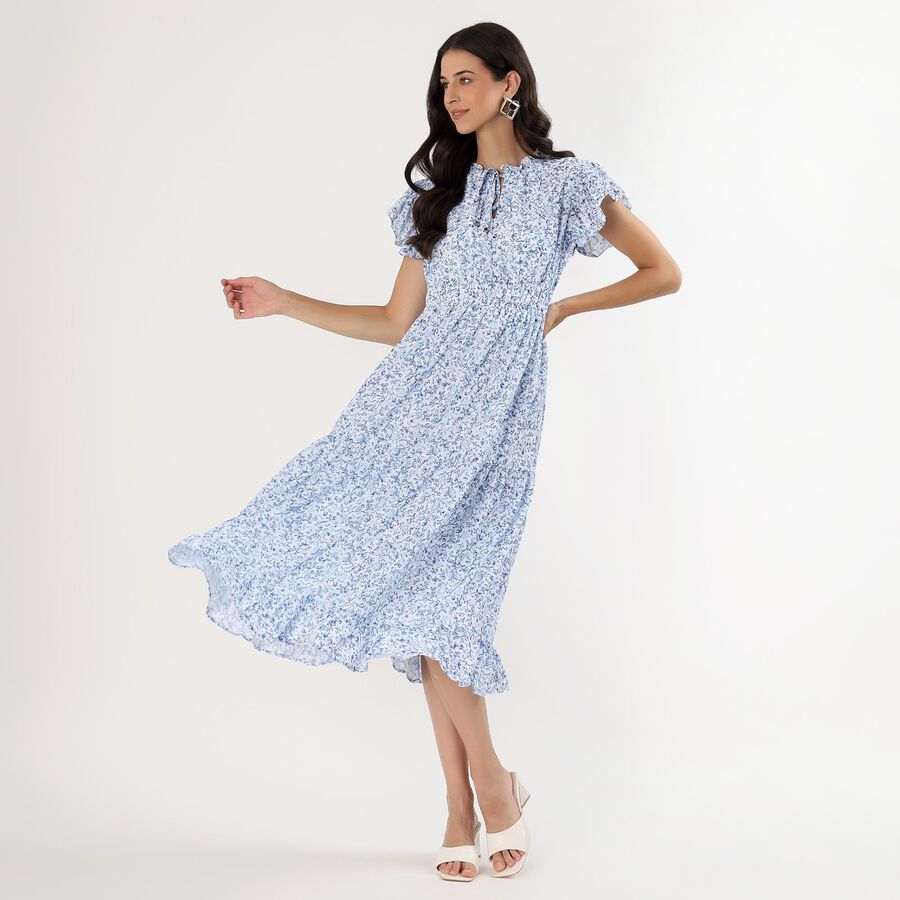 Women's Light Blue Ruffled Neck Romantic Dress, हल्का नीला, large image number null