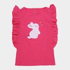 Girls' Fuchsia Cotton Round Neck Ruffle Sleeve Bunny Applique T-Shirt, Fuchsia, small