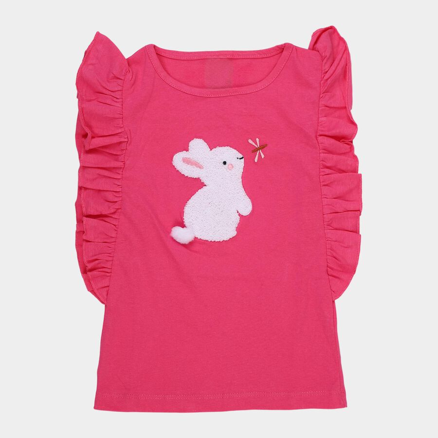 Girls' Fuchsia Cotton Round Neck Ruffle Sleeve Bunny Applique T-Shirt, Fuchsia, large
