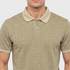 Men's Beige Cotton Polo Neck Printed T-Shirt, Beige, small