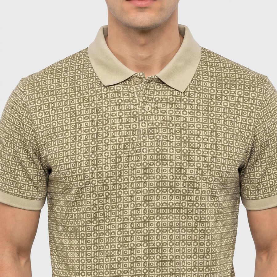 Men's Beige Cotton Polo Neck Printed T-Shirt, Beige, large