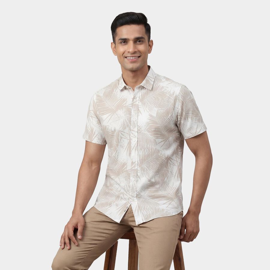 Men's Beige Cotton Classic Collar Casual Shirt, Beige, large