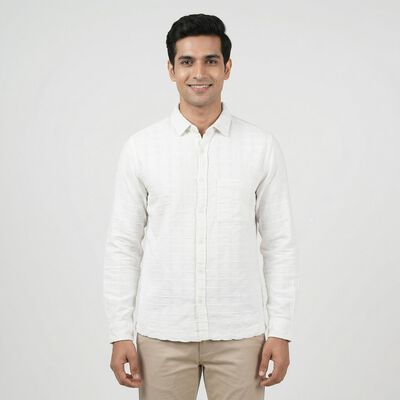 Men's White Cotton Spread Collar Casual Shirt