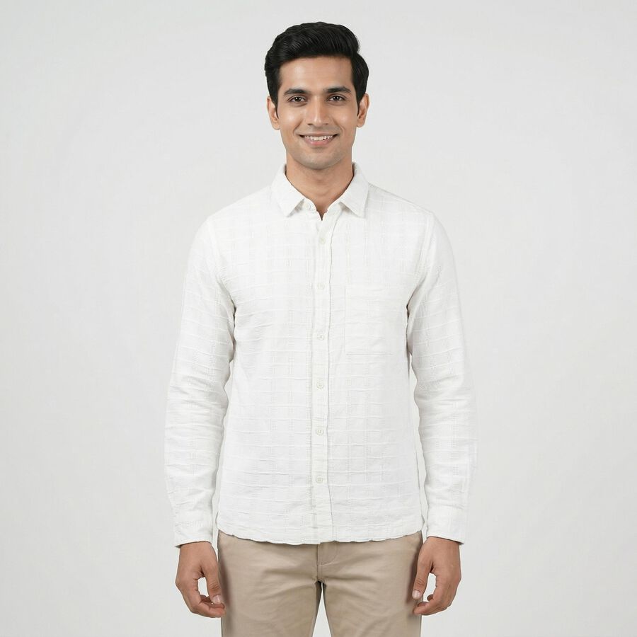 Men's White Cotton Spread Collar Casual Shirt, सफ़ेद, large