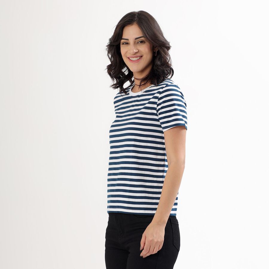 Women's Deep Midnight Navy Round Neck Striped T-Shirt, Navy Blue, large image number null