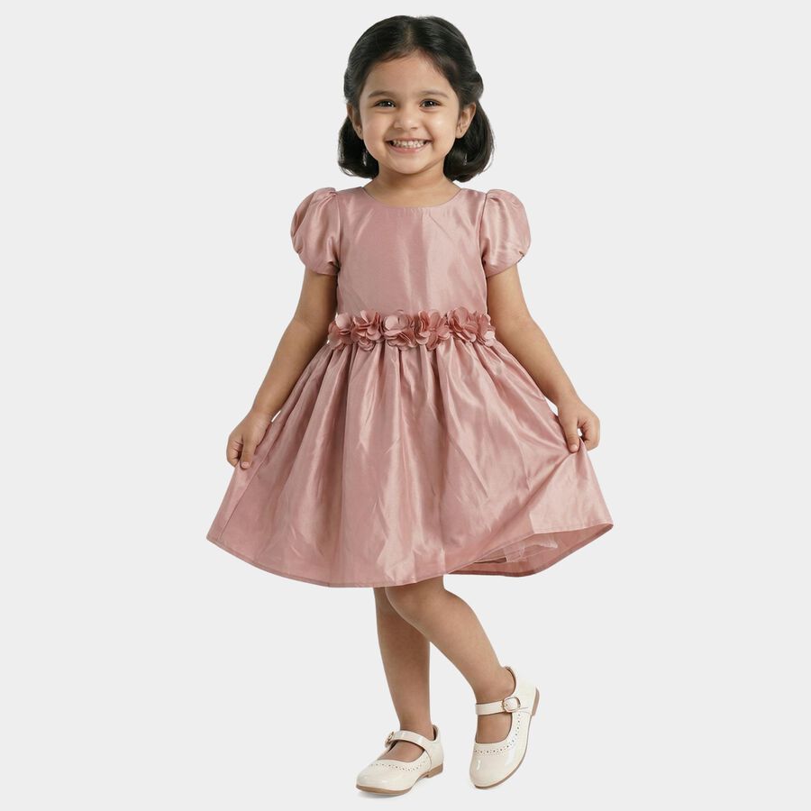 Girls' Pink Puff Sleeve Floral Belt Party Frock, गुलाबी, large