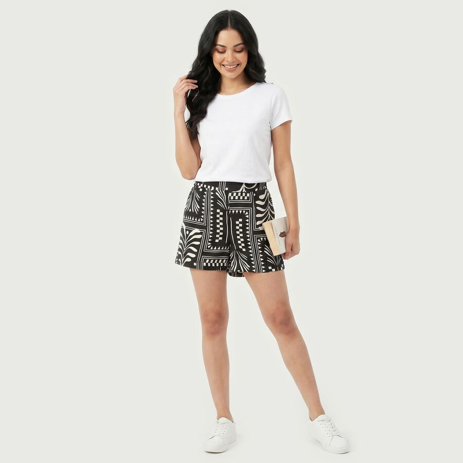 Women's Black Regular Fit Printed Shorts, काला, large