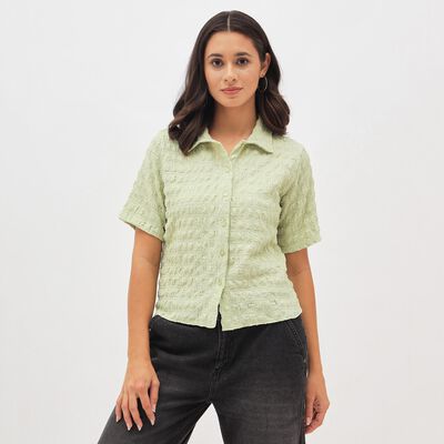 Women's Light Sage Green Short Sleeve Spread Collar Casual Shirt