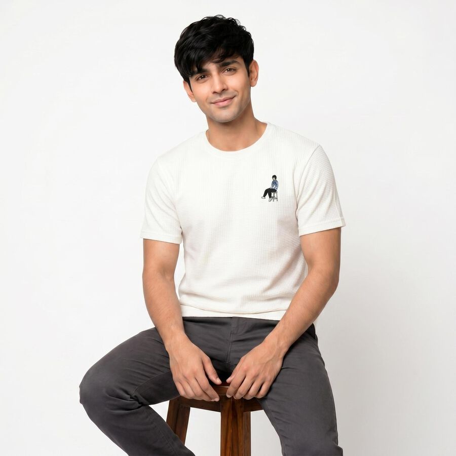 Men's White Round Neck Regular T-Shirt, White, large
