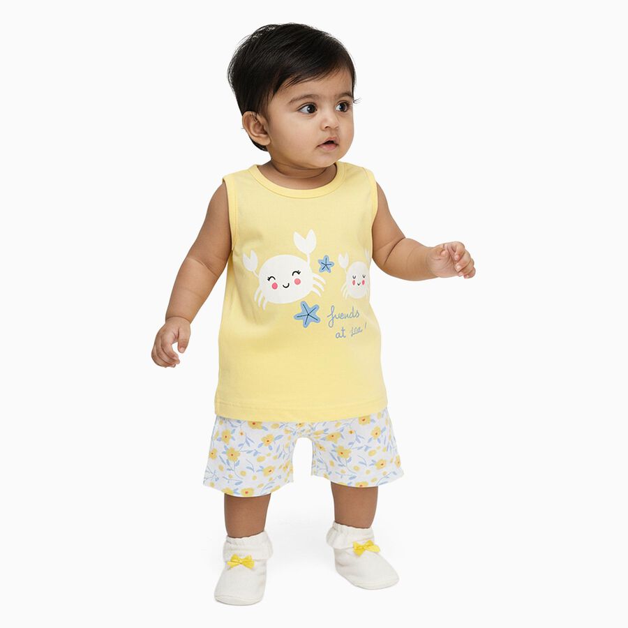 Infants' Light Yellow Cotton Sleeveless Top and Floral Shorts Set, Yellow, large image number null