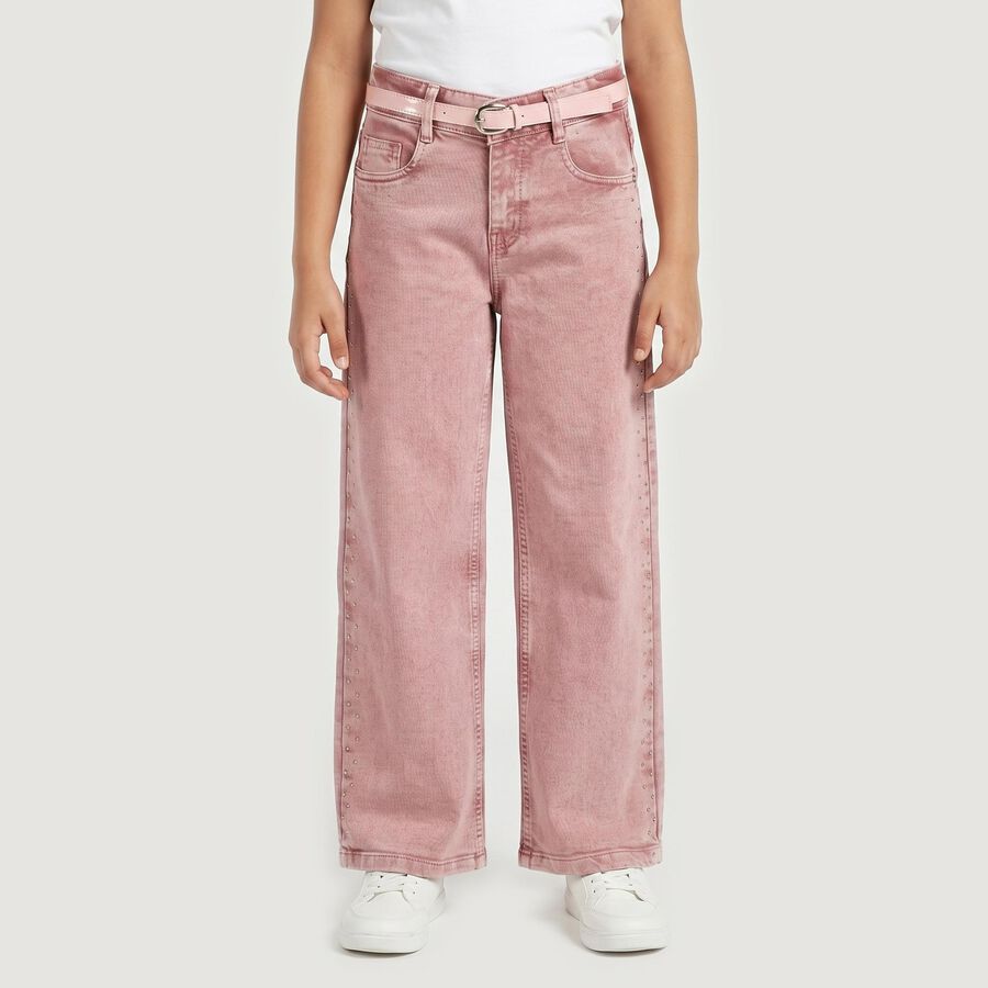 Girls Pink Wide Leg Studded Jeans, Light Pink, large