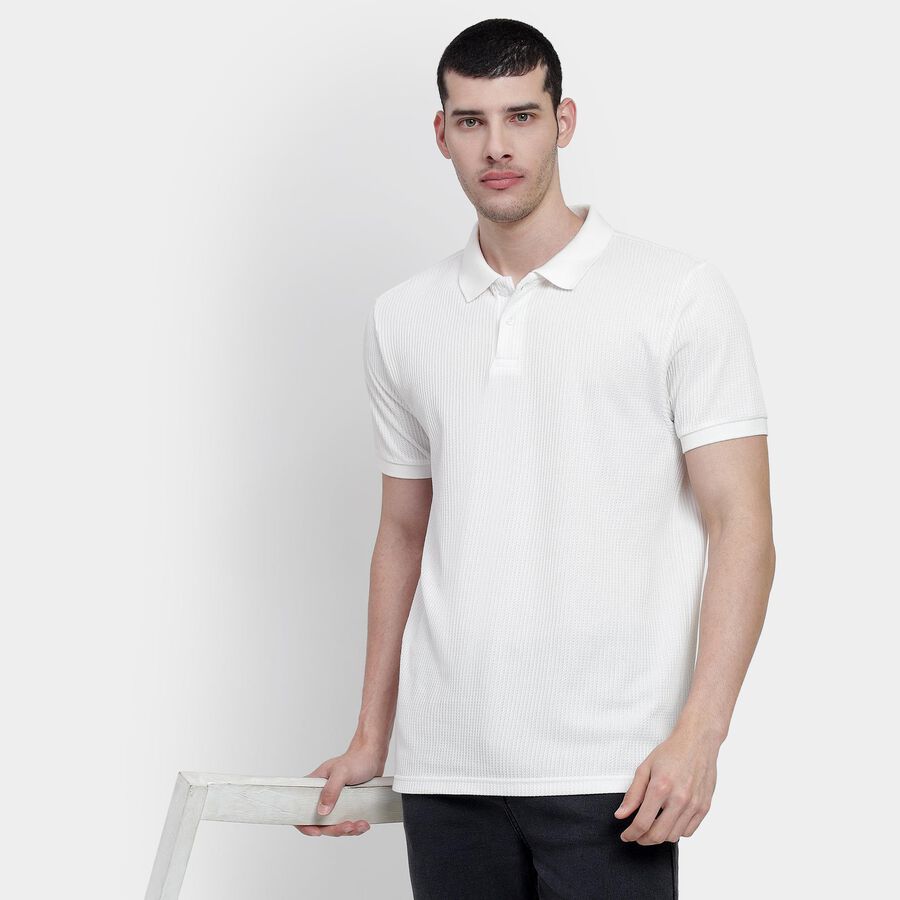 Men's White Polo Neck Textured T-Shirt, Off White, large image number null
