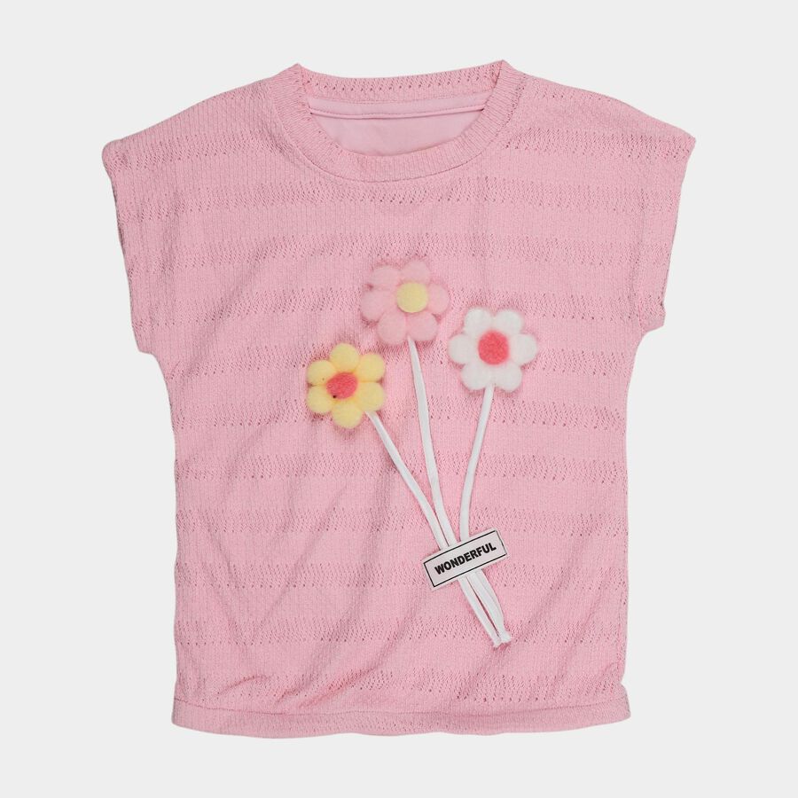 Girls' Pink Round Neck 3D Flower Applique Casual T-Shirt, Light Pink, large