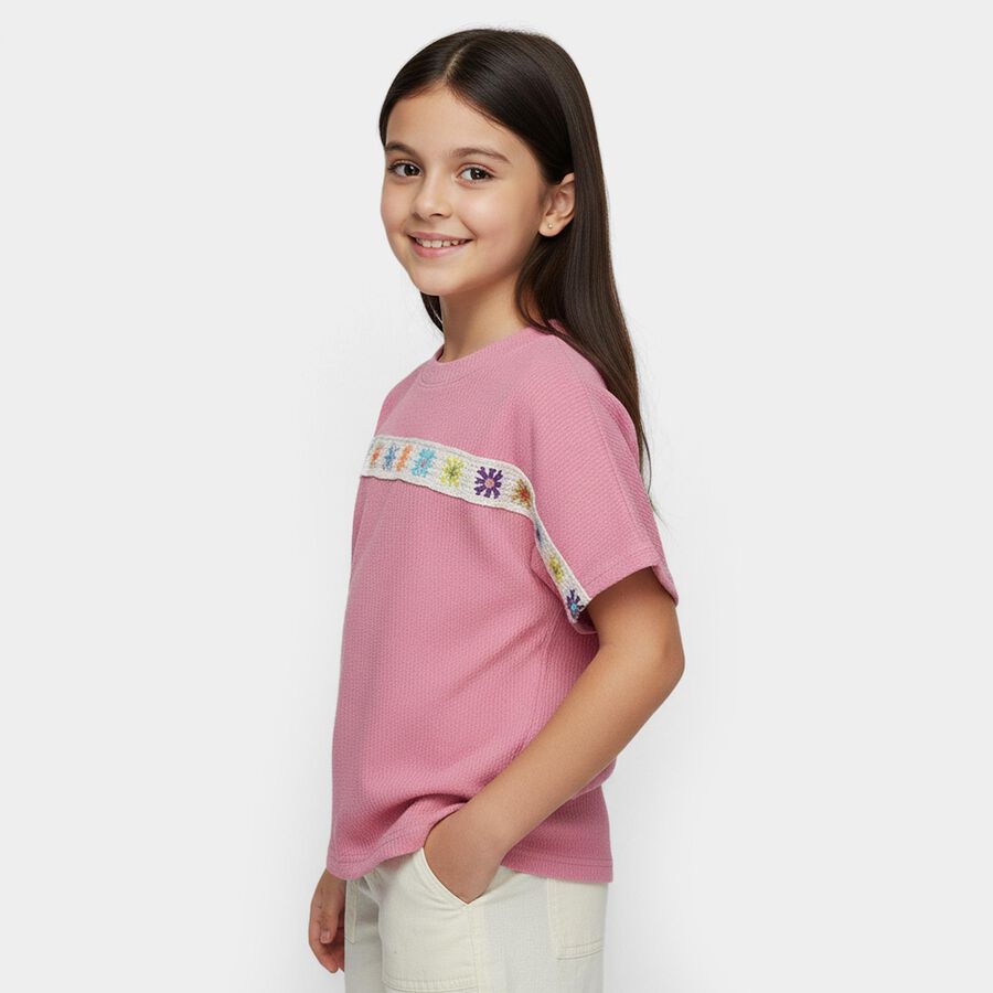Girls Pink Round Neck Casual T-Shirt, Pink, large