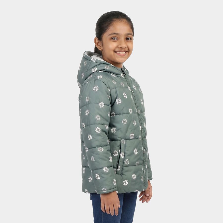 Girls' Olive Green Hooded Puffer Jacket, Olive, large