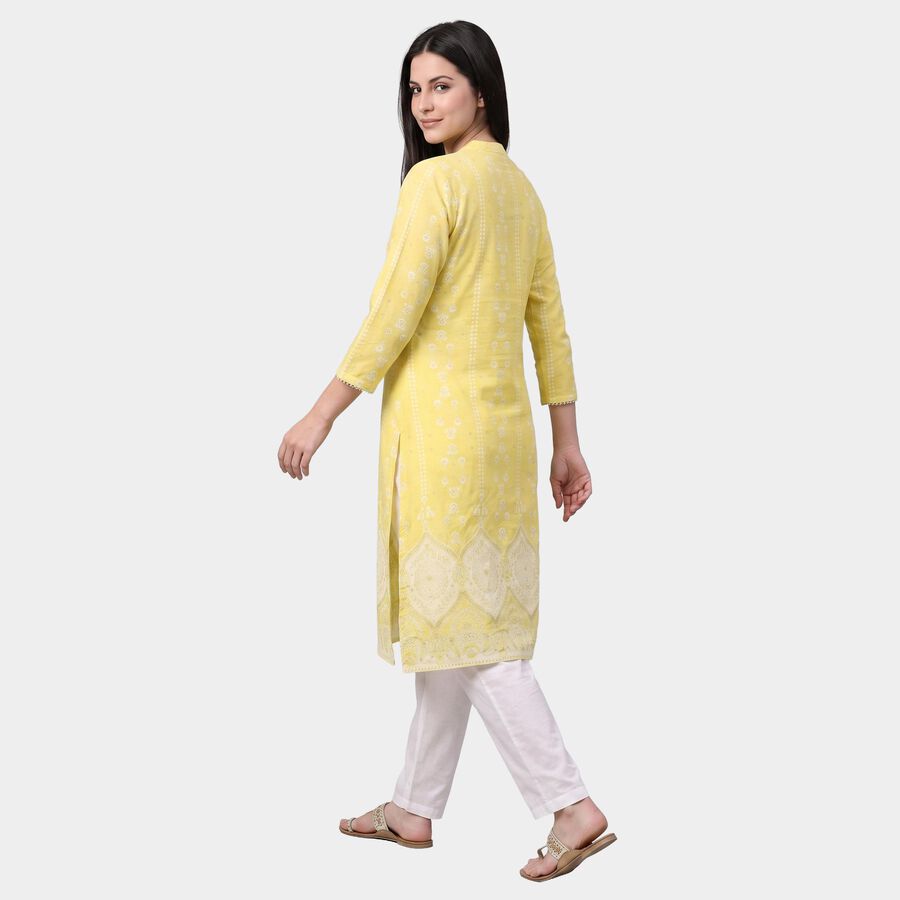 Women's Yellow Mandarin Collar Printed Kurta, Yellow, large