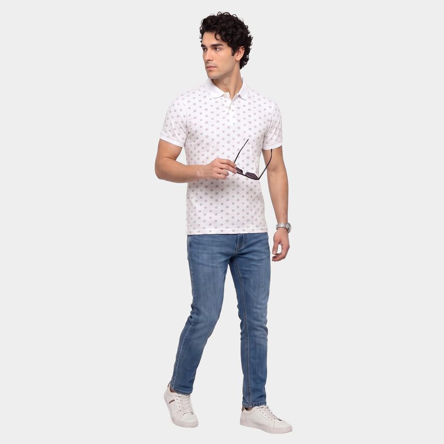 Men's White Cotton Polo Neck Printed T-Shirt, White, large