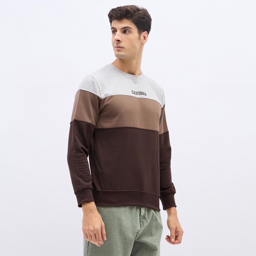 Men's Muted Brown and Light Grey Crew Neck Casual Sweatshirt, Brown, large image number null