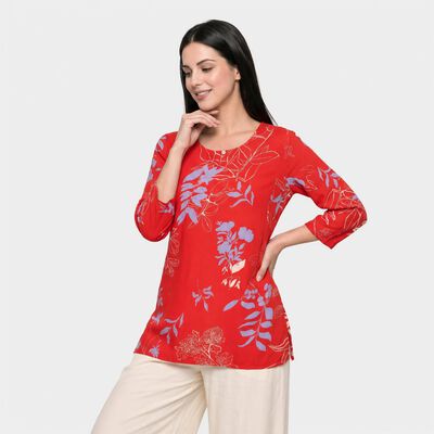 Women's Red Round Neck Floral Printed Straight Kurti