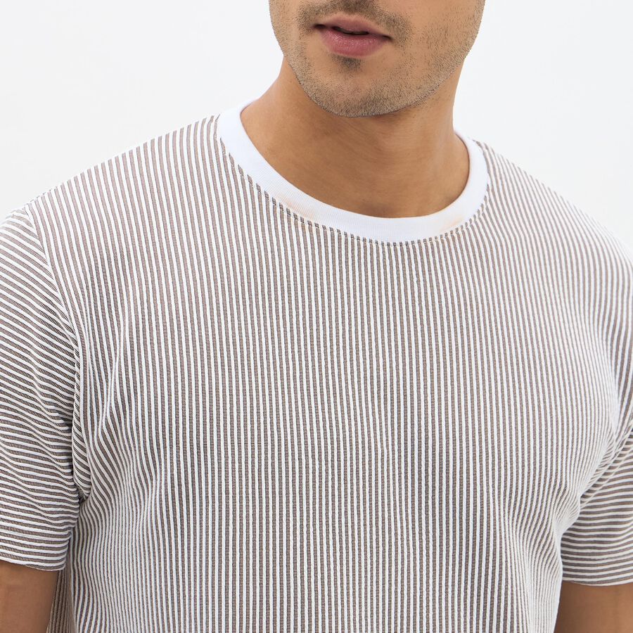 Men's Brown and White Crew Neck Casual T-Shirt, Brown, large image number null