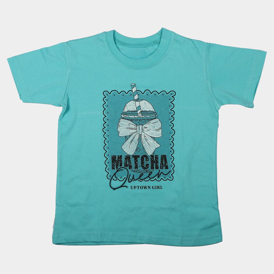 Girls Aqua Round Neck Regular T-Shirt, एक्वा, large
