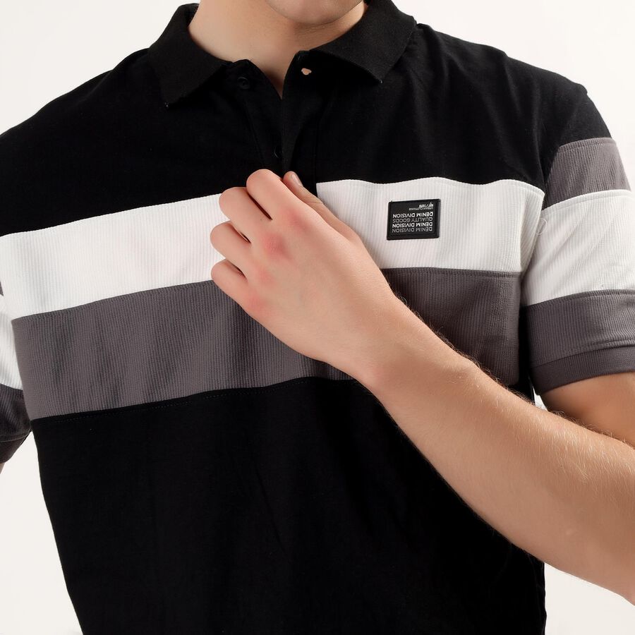 Men's Black Cotton Blend Polo Neck Classic Collared T-Shirt, Black, large