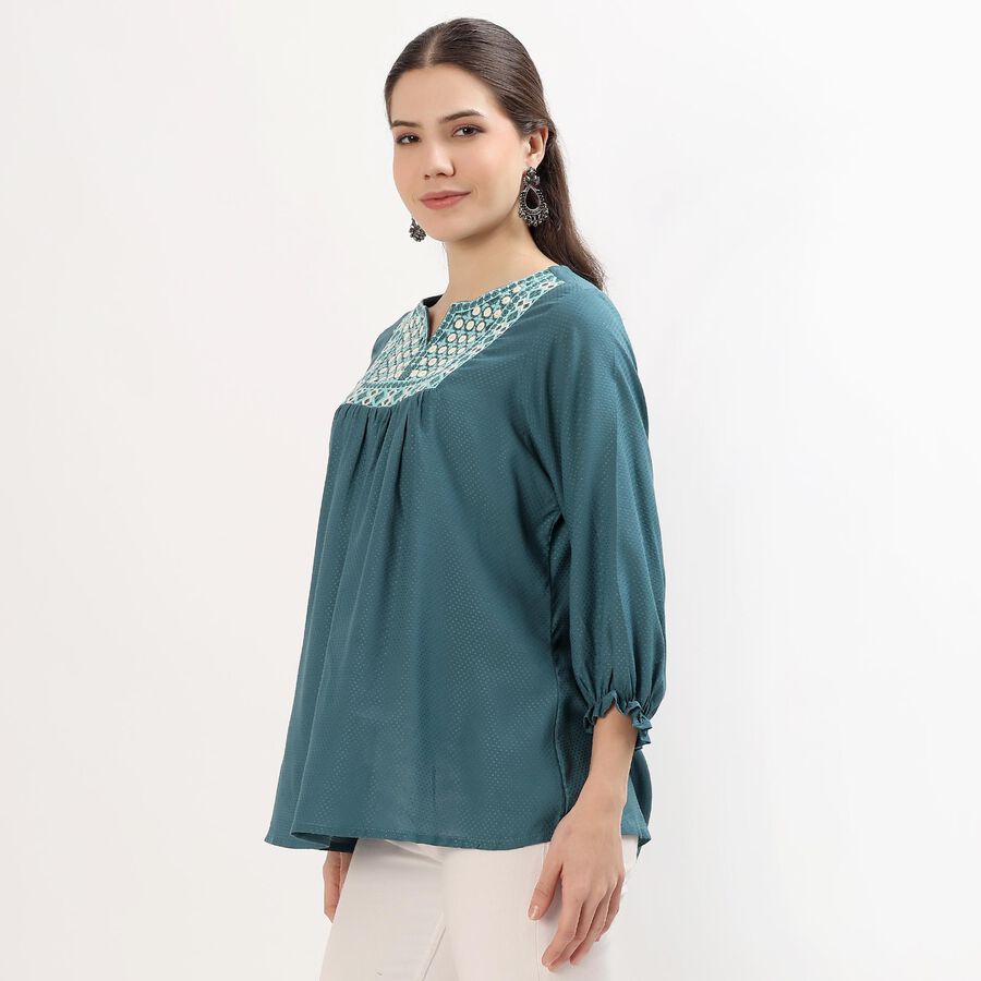 Women's Muted Teal Blue Notch Neck Embroidered Kurti, Mid Blue, large image number null