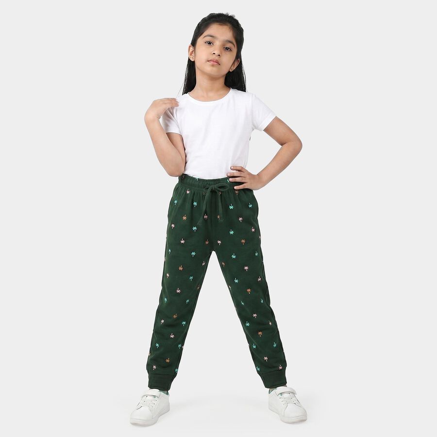 Girls' Green Jogger Fit Palm Print Pyjama, गहरा हरा, large