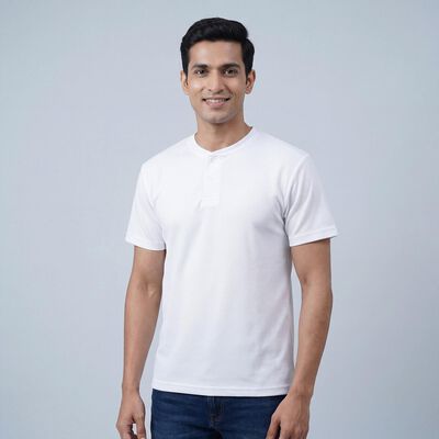 Men's White Henley Neck Casual Half Sleeve T-Shirt