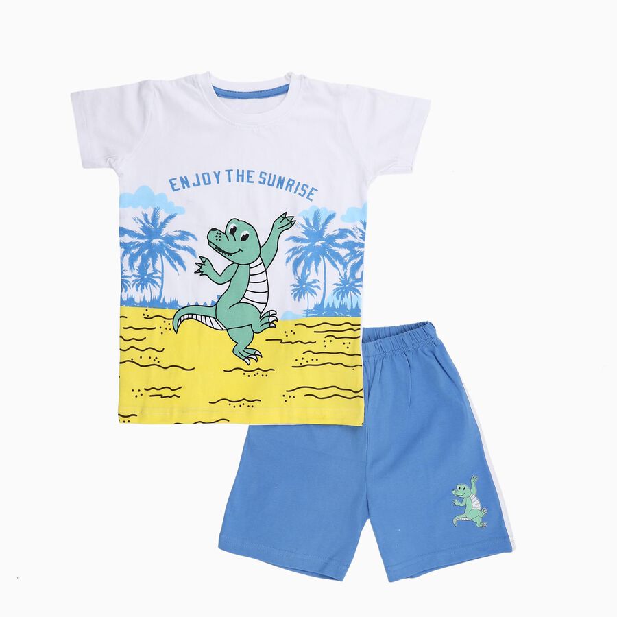 Boys' White Cotton Round Neck Cartoon Printed Baba Suit, सफ़ेद, large image number null