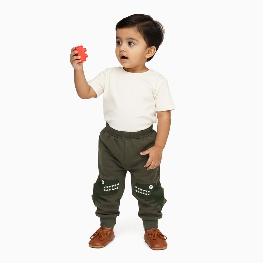 Infants Olive Green Dinosaur Printed Cotton Blend Pyjama, ओलिव, large image number null