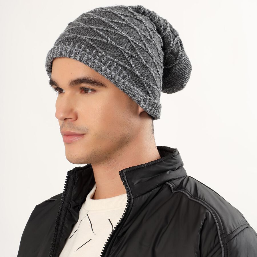 Men's Charcoal Grey Textured Knitted Beanie, Charcoal, large image number null