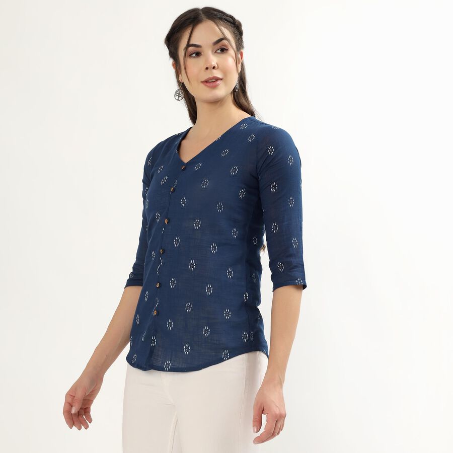 Women's Dark Blue Cotton Notch Neck Floral Printed Kurti, Dark Blue, large