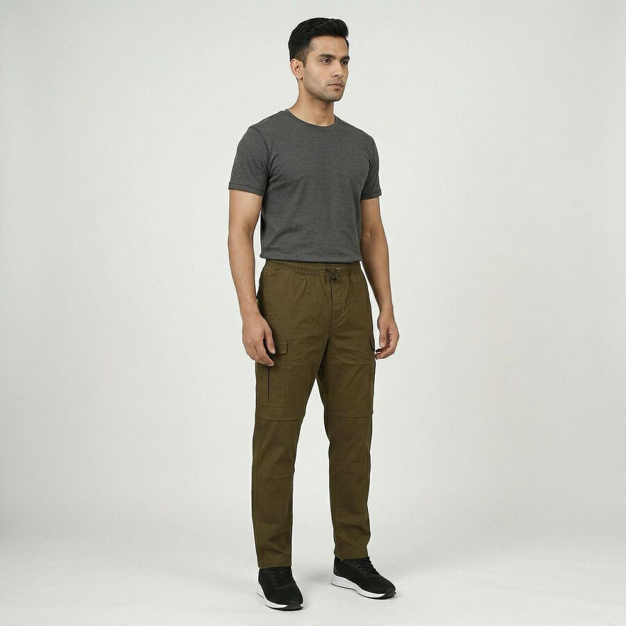 Men's Olive Green Slim Fit Casual Trousers, Olive, large
