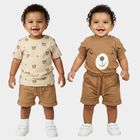 Infants' Beige 100% Cotton Round Neck Bear Print Baba Suit, Beige, small