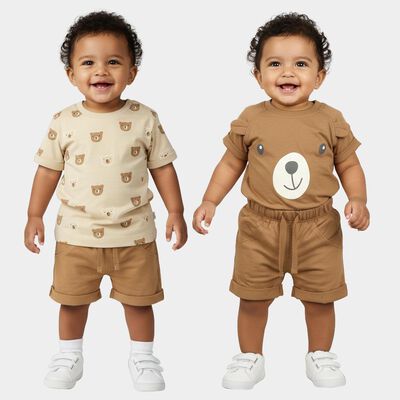 Infants' Beige 100% Cotton Round Neck Bear Print Baba Suit
