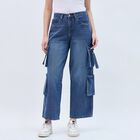 Women's Classic Blue Wide Leg Cargo Jeans, Mid Blue, small image number null