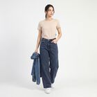 Women's Navy Blue Wide Leg Washed Jeans, गहरा नीला, small