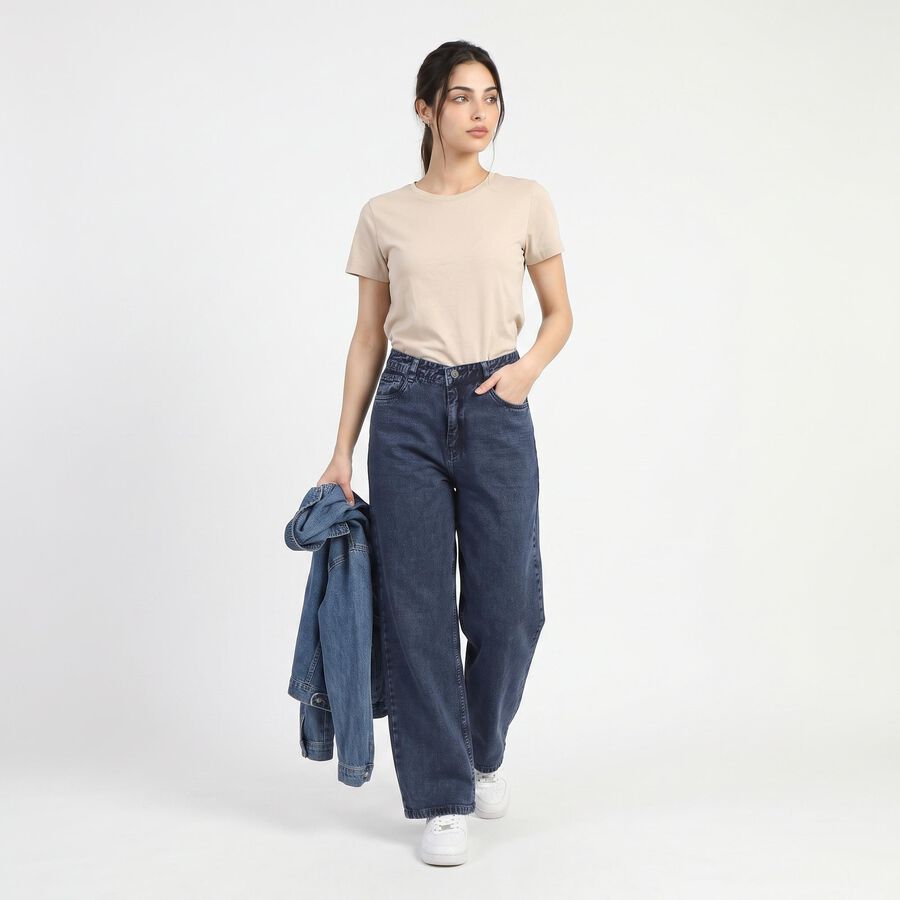 Women's Navy Blue Wide Leg Washed Jeans, गहरा नीला, large