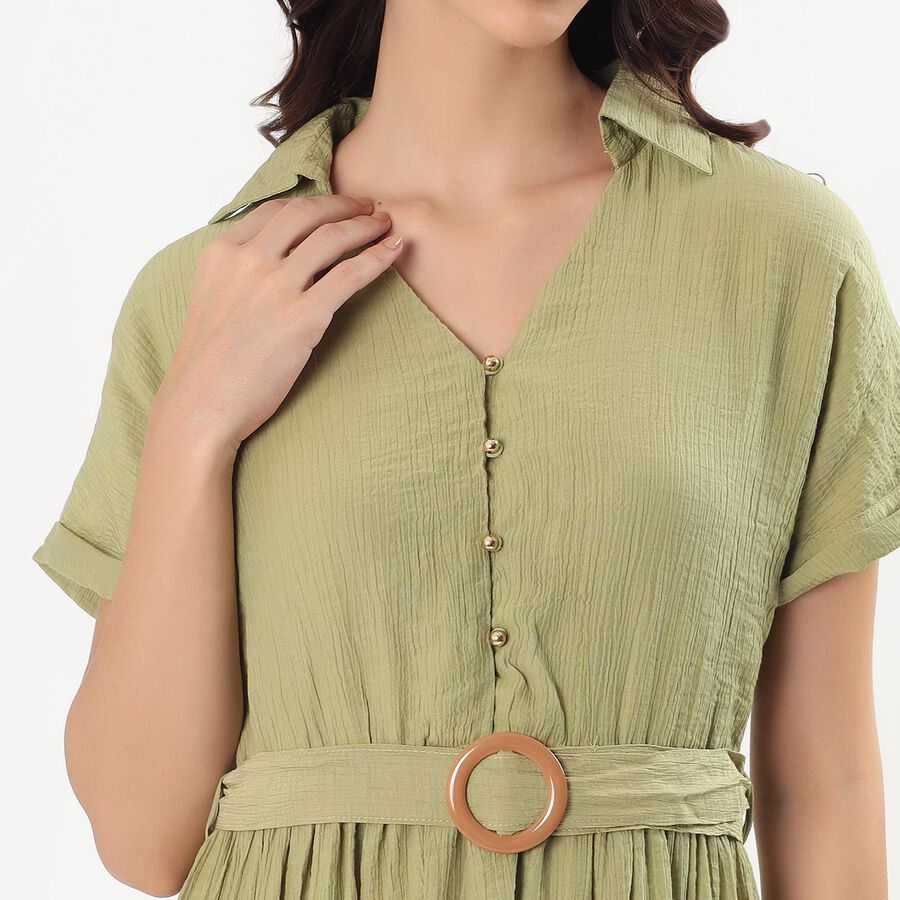 Women's Olive Green V-Neck Casual Dress, हल्का हरा, large image number null