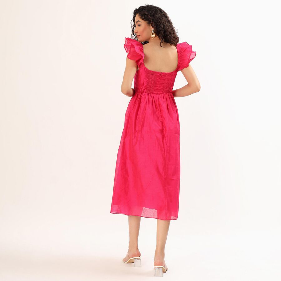Women's Bright Pink Sleeveless Ruffle Midi Dress, Pink, large
