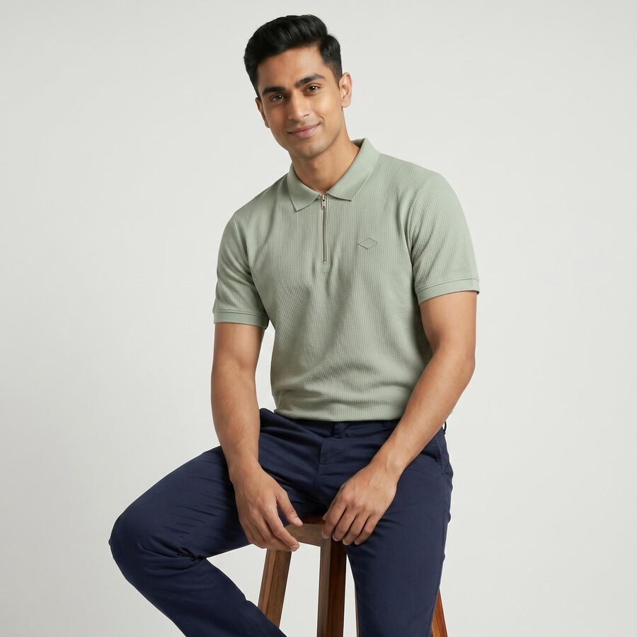 Men's Sage Green Polo Neck Solid Polo T-Shirt, हल्का हरा, large